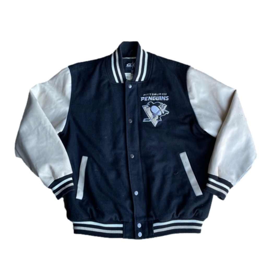Pittsburgh Penguins Hockey NHL Vintage Leather Letterman Varsity Bomber Jacket L